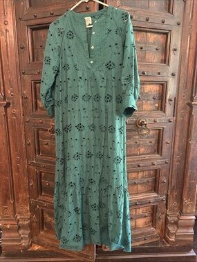 Green Eyelet Maxi Dress with Button Placket w/built removable slip.